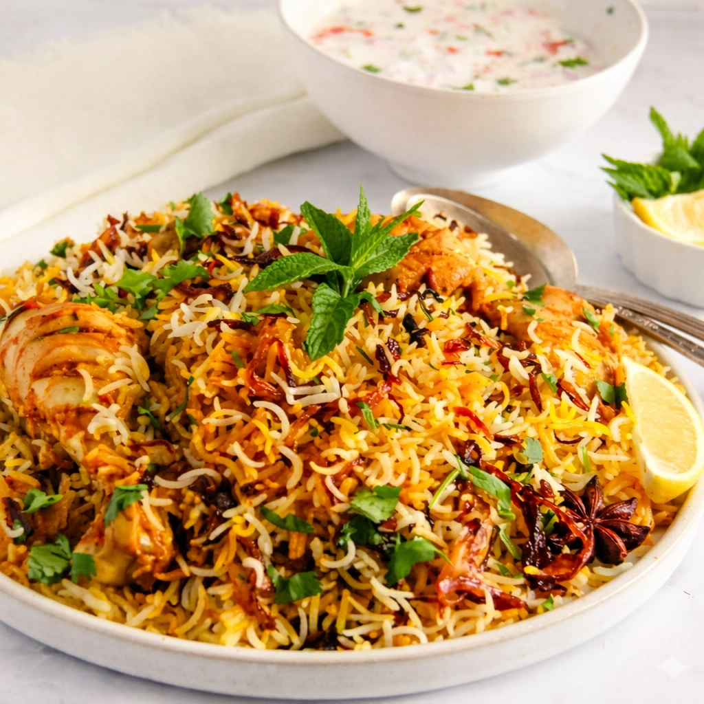 Fragrant Chicken Biryani — basmati rice with spiced chicken, Taj Mahal Saskatoon